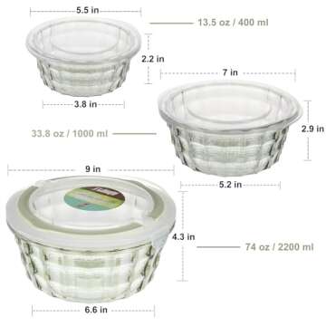 Taiuloo Set of 3 Salad Bowls with Lids, Food Storage Bowls with Lids & Handles, Kitchen Meal Prep Nesting Bowls for Lunch, BPA Free Food Storage Containers, Plastic Salad Serving Bowl Set, Green