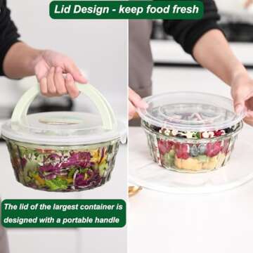 Taiuloo Set of 3 Salad Bowls with Lids, Food Storage Bowls with Lids & Handles, Kitchen Meal Prep Nesting Bowls for Lunch, BPA Free Food Storage Containers, Plastic Salad Serving Bowl Set, Green