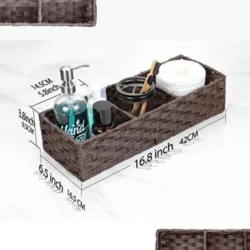 [Larger Compartments] Toilet Tank Topper Paper Basket - Multiuse Hand Woven Plastic Wicker Basket with Divider for Organizing, Rustic Farmhouse Bathroom Decor, Countertop Organizer Storage, Brown