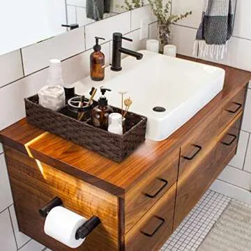 [Larger Compartments] Toilet Tank Topper Paper Basket - Multiuse Hand Woven Plastic Wicker Basket with Divider for Organizing, Rustic Farmhouse Bathroom Decor, Countertop Organizer Storage, Brown