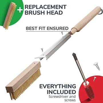 Senwosa 26” Pizza Oven Brush with Stone Scraper - Heat Resistant Stainless Steel Bristles, Extra Long Handle - Compatible with Ooni Ovens - Includes Spare Head