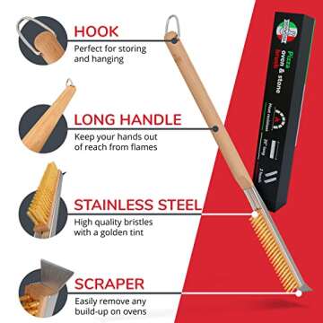 Senwosa 26” Pizza Oven Brush with Stone Scraper - Heat Resistant Stainless Steel Bristles, Extra Long Handle - Compatible with Ooni Ovens - Includes Spare Head