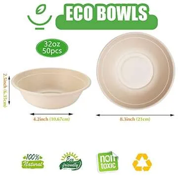 Green Tree Products Disposable Paper Bowls, 32 Oz [50 Pack] Large Bowl-100% Compostable, Biodegradable, Eco-friendly - Convenient for Daily Use for Salad, Hot Soup, and Pasta