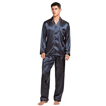 Comfortable TONY AND CANDICE Men's Classic Satin Pajama Set - Sleepwear in Blue/Golden