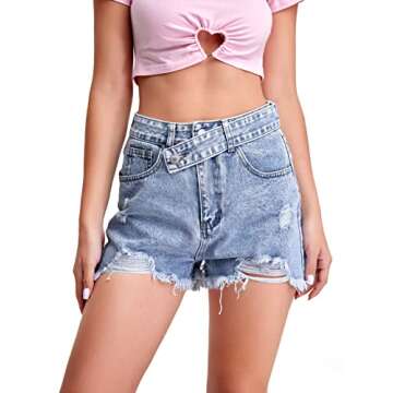 SweatyRocks Women's Casual High Waist Raw Hem Ripped Denim Jean Shorts with Pocket Light Wash S