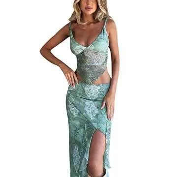 Women Y2K Skirt Set Outfits Sleeveless Crop Top Bodycon Midi Skirt Dress Sexy 2 Piece Mesh Outfits Skirt Summer(V-Sexy Green Mesh Outfits,S)