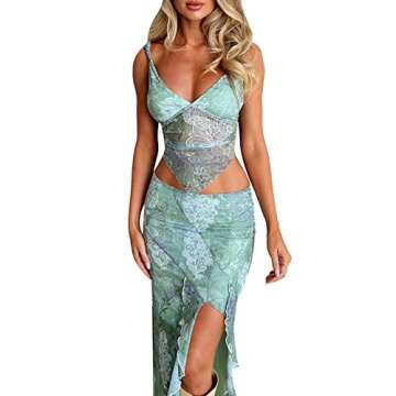 Women Y2K Skirt Set Outfits Sleeveless Crop Top Bodycon Midi Skirt Dress Sexy 2 Piece Mesh Outfits Skirt Summer(V-Sexy Green Mesh Outfits,S)