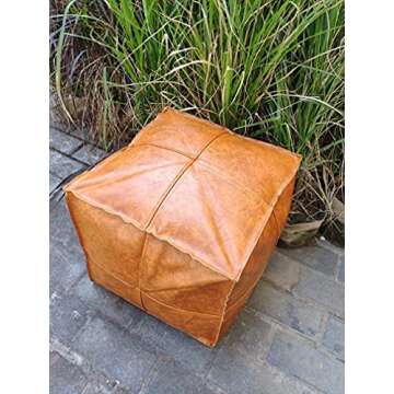 RISEON Unstuffed Boho Handmade Faux Leather Moroccan Pouf Cover Footstool Ottoman Leather Poufs 17.7" x17.7" -Square Floor Cushion Footstool for Living Room, Bedroom and Under Desk (Yellow)