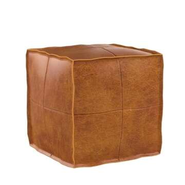 RISEON Unstuffed Boho Handmade Faux Leather Moroccan Pouf Cover Footstool Ottoman Leather Poufs 17.7" x17.7" -Square Floor Cushion Footstool for Living Room, Bedroom and Under Desk (Yellow)