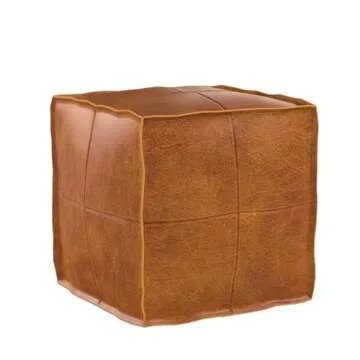 RISEON Unstuffed Boho Handmade Faux Leather Moroccan Pouf Cover Footstool Ottoman Leather Poufs 17.7" x17.7" -Square Floor Cushion Footstool for Living Room, Bedroom and Under Desk (Yellow)