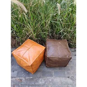 RISEON Unstuffed Boho Handmade Faux Leather Moroccan Pouf Cover Footstool Ottoman Leather Poufs 17.7" x17.7" -Square Floor Cushion Footstool for Living Room, Bedroom and Under Desk (Yellow)