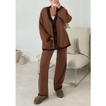 PRETTYGARDEN Women's 2 Piece Outfits Knit Matching Lounge Sets Long Sleeve V Neck Cardigan Sweaters Wide Leg Pants Tracksuits (Coffee,Large)