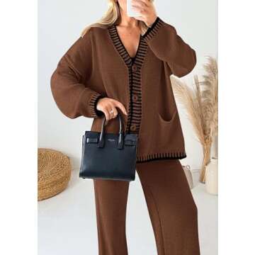PRETTYGARDEN Women's 2 Piece Outfits Knit Matching Lounge Sets Long Sleeve V Neck Cardigan Sweaters Wide Leg Pants Tracksuits (Coffee,Large)