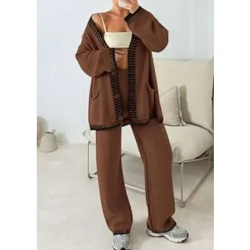 PRETTYGARDEN Women's 2 Piece Outfits Knit Matching Lounge Sets Long Sleeve V Neck Cardigan Sweaters Wide Leg Pants Tracksuits (Coffee,Large)