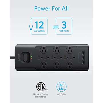 Anker Power Strip Surge Protector, 12 Outlets & 3 USB Charging Ports with Flat Plug, 6ft Extension Cord, PowerIQ for iPhone Xs/XS Max/XR/X, Galaxy, for Home, Office, and More (4000 Joules) (Black)
