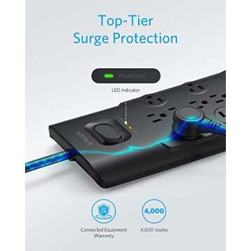 Anker Power Strip Surge Protector, 12 Outlets & 3 USB Charging Ports with Flat Plug, 6ft Extension Cord, PowerIQ for iPhone Xs/XS Max/XR/X, Galaxy, for Home, Office, and More (4000 Joules) (Black)