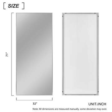 Elevens 71"x 32" Full Length Mirror Large Floor Mirror Without Stand Wall-Mounted Mirror Dressing Mirror Aluminum Frame Mirror for Living Room/Bedroom (71“X32, Silver) (AA01038ZZV001N-USAM004)