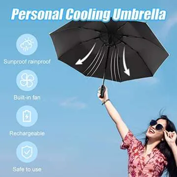 WOOLALA Portable Umbrella with Fan, UPF 50+ Sun and Rain Umbrella Travel Umbrella with Personal Cooling Fan, 2600mAh USB Rechargeable, Folding Compact Umbrella for Hot Summer Black WLUM903-Black
