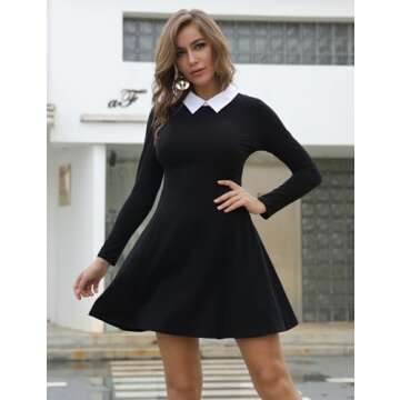 Aphratti Women's Long Sleeve Fall Dresses 2024 Casual Peter Pan Collar A Line Fit and Flare Skater Goth Dress Black XX-Large