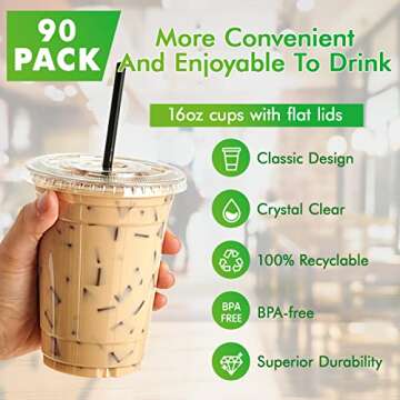 Lilymicky 90 Sets 16 oz Clear Plastic Cups With Flat Lids, Disposable Drinking Cups, 16 oz Plastic C...