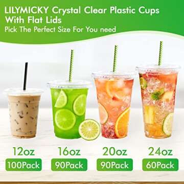 Lilymicky 90 Sets 16 oz Clear Plastic Cups With Flat Lids, Disposable Drinking Cups, 16 oz Plastic Cups for Ice Coffee, Smoothie, Slurpee, or Any Cold Drinks