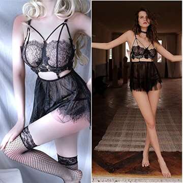 Plus Size Lingerie for Women Lace Black Babydoll Sexy Mesh High Waisted Nightdress Strappy Exotic Sl...