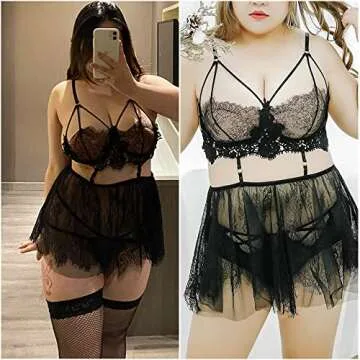 Plus Size Lingerie for Women Lace Black Babydoll Sexy Mesh High Waisted Nightdress Strappy Exotic Sleepwear (XXX-Large, Black)