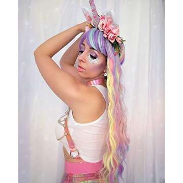Colorful Rainbow Wigs with Bangs for Women Pastel Long Wavy Curly Colored Purple Goth Hair Wig for M...