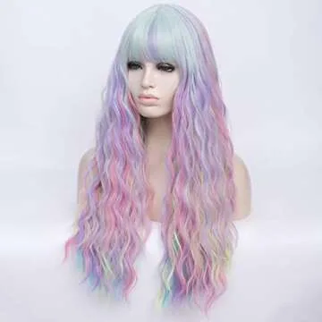 Colorful Rainbow Wigs with Bangs for Women Pastel Long Wavy Curly Colored Purple Goth Hair Wig for Music Festival, Themed Parties, Halloween, Wedding - 27.5''