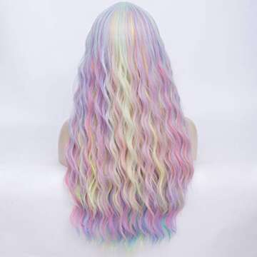 Colorful Rainbow Wigs with Bangs for Women Pastel Long Wavy Curly Colored Purple Goth Hair Wig for Music Festival, Themed Parties, Halloween, Wedding - 27.5''