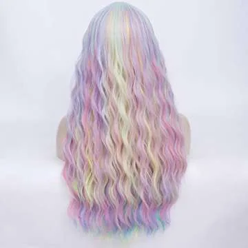 Colorful Rainbow Wigs with Bangs for Women Pastel Long Wavy Curly Colored Purple Goth Hair Wig for Music Festival, Themed Parties, Halloween, Wedding - 27.5''