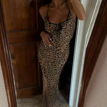 OCUH Y2K Leopard Printed Maxi Dress Backless Skinny Spaghetti Strap Lace-up Slim Vintage (Leopard,M,Medium)
