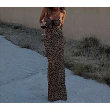 OCUH Y2K Leopard Printed Maxi Dress Backless Skinny Spaghetti Strap Lace-up Slim Vintage (Leopard,M,Medium)