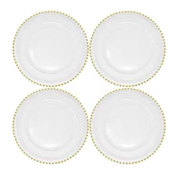 Ms Lovely Clear Glass Charger 12.6 Inch Dinner Plate With Beaded Rim - Set of 4 - Gold
