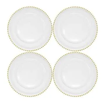 Ms Lovely Clear Glass Charger 12.6 Inch Dinner Plate With Beaded Rim - Set of 4 - Gold