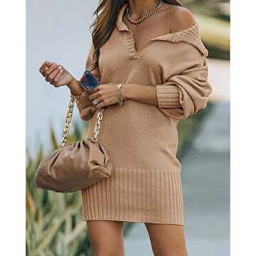 BTFBM Women Casual V Neck Knit Mini Fall Sweater Dresses Long Sleeve Loose Fit Solid Color Ribbed Pu...