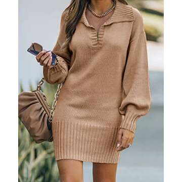 BTFBM Women Casual V Neck Knit Mini Fall Sweater Dresses Long Sleeve Loose Fit Solid Color Ribbed Pullover Jumper Sweaters(Solid Khaki, X-Large)