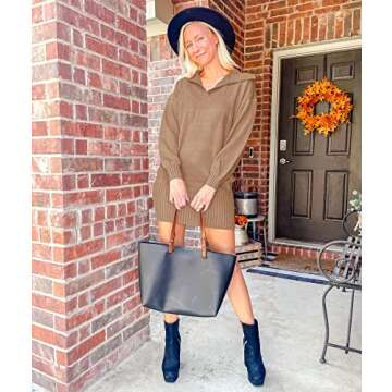BTFBM Women Casual V Neck Knit Mini Fall Sweater Dresses Long Sleeve Loose Fit Solid Color Ribbed Pullover Jumper Sweaters(Solid Khaki, X-Large)