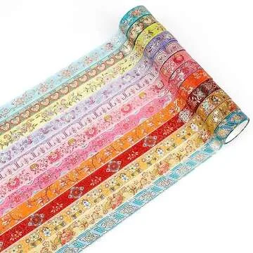 Lychii Washi Tape Set, 12 Rolls Vintage Masking Tape, Gold Foil Decorative Tape, 5M/16.4Ft Long Glit...