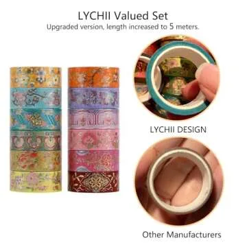 Lychii Washi Tape Set, 12 Rolls Vintage Masking Tape, Gold Foil Decorative Tape, 5M/16.4Ft Long Glitting Oriental Aesthetic Journaling Supplies for Planner, Bujo, Artistic Projects - 15mm