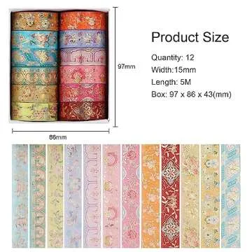 Lychii Washi Tape Set, 12 Rolls Vintage Masking Tape, Gold Foil Decorative Tape, 5M/16.4Ft Long Glitting Oriental Aesthetic Journaling Supplies for Planner, Bujo, Artistic Projects - 15mm