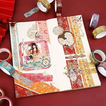 Lychii Washi Tape Set, 12 Rolls Vintage Masking Tape, Gold Foil Decorative Tape, 5M/16.4Ft Long Glitting Oriental Aesthetic Journaling Supplies for Planner, Bujo, Artistic Projects - 15mm