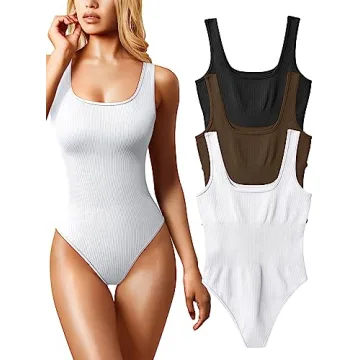 OQQ Women's 3 Piece Bodysuits | Sexy Ribbed Square Neck Tank Tops | Trendy Outfits | Perfect for Any...