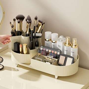 Naianto Rotating Makeup Organizer for Vanity, Ideal for Beautiful Girls' Cosmetics organizer, For Storage Makeup Brush Holder, Skincare Organizers And Lipstick!(Creamy)
