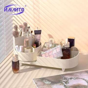 Naianto Rotating Makeup Organizer for Vanity, Ideal for Beautiful Girls' Cosmetics organizer, For Storage Makeup Brush Holder, Skincare Organizers And Lipstick!(Creamy)