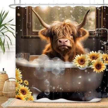 Vengaot Highland Cow Sunflower Shower Curtains Funny Cute Cattle Bull Bathtub Soap Bubbles Bathroom ...