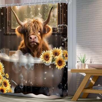 Vengaot Highland Cow Sunflower Shower Curtains Funny Cute Cattle Bull Bathtub Soap Bubbles Bathroom Curtains 60Wx72L Inch Western Farmhouse Bathroom Accessories Set Waterproof Fabric 12 Plastic Hooks