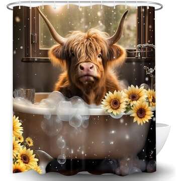 Vengaot Highland Cow Sunflower Shower Curtains Funny Cute Cattle Bull Bathtub Soap Bubbles Bathroom Curtains 60Wx72L Inch Western Farmhouse Bathroom Accessories Set Waterproof Fabric 12 Plastic Hooks