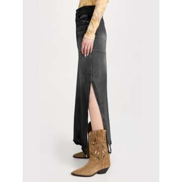 Cicy Bell Womens Long Denim Skirt Casual Frayed Raw Hem Side Split Vintage Jean Long Skirt with Pock...