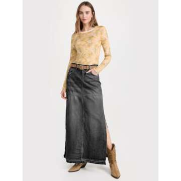 Cicy Bell Women's Vintage Long Denim Skirt with Pockets